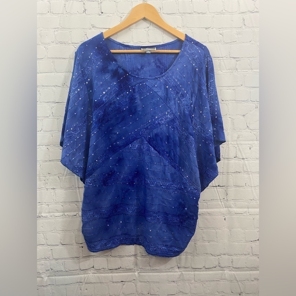 JM Collection Womens Plus Size 3X Royal Blue Kimono Boxy Blouse Flutter Sleeves